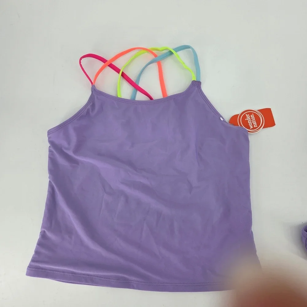 Wonder Nation Girls Purple Tankini Swimsuit Set Neon Straps XXL 18 UPF 50+ NEW